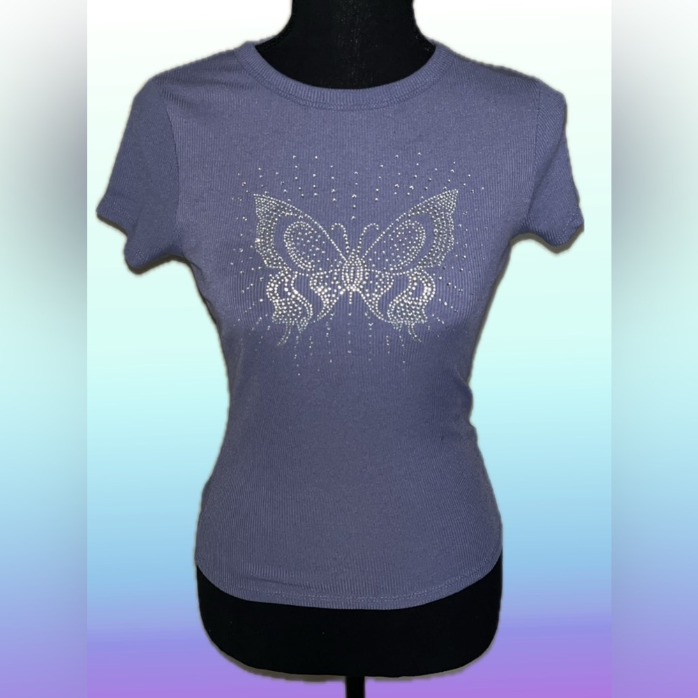 Rhinestone Butterfly Short Sleeve Tee - Lavender Purple